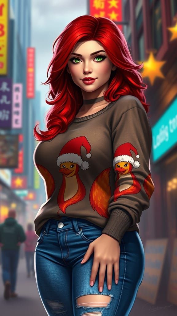 Fantasy Realism Portrait of a Redheaded Woman in a Santa Hat