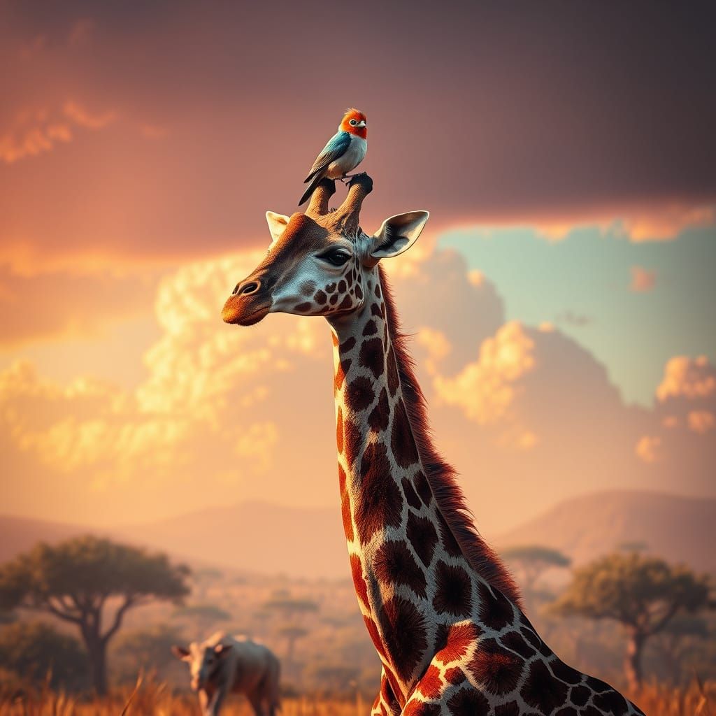 Giraffe and Bird in Vibrant Savannah Landscape