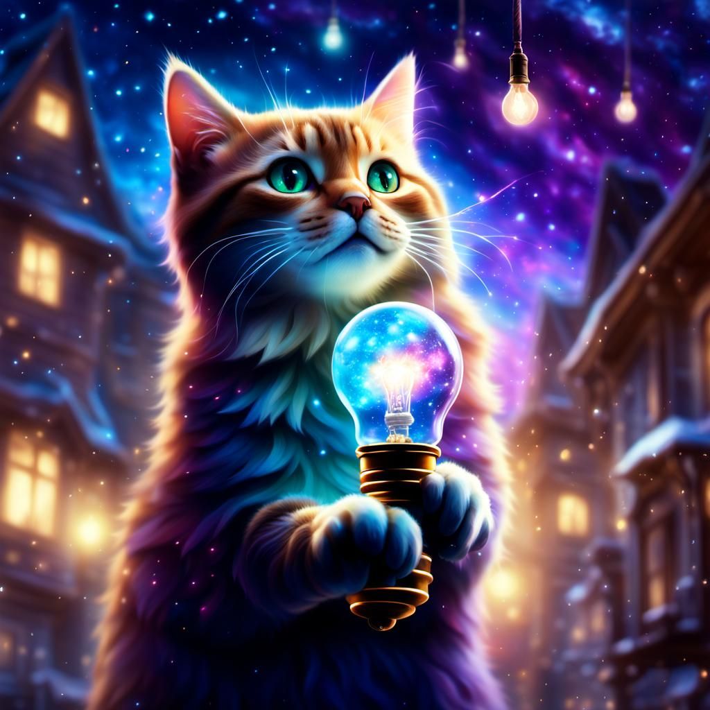 Cat Plays with Galaxy Lightbulb in Maximalist Style