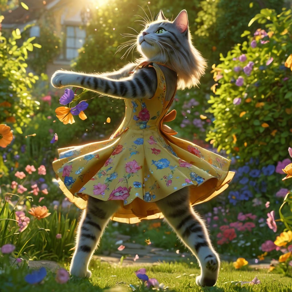 Whimsical Cat Dancing in Garden, Disney Pixar Style