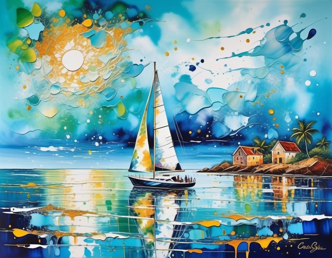 Impressionist Yacht at Sea with Alcohol Ink Splashes