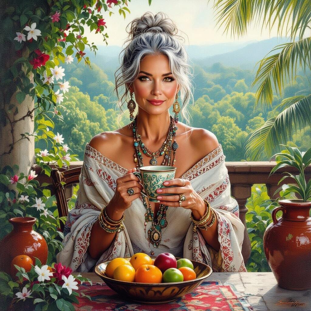 Elegant Woman on Terrace in Dreamy Oil Painting