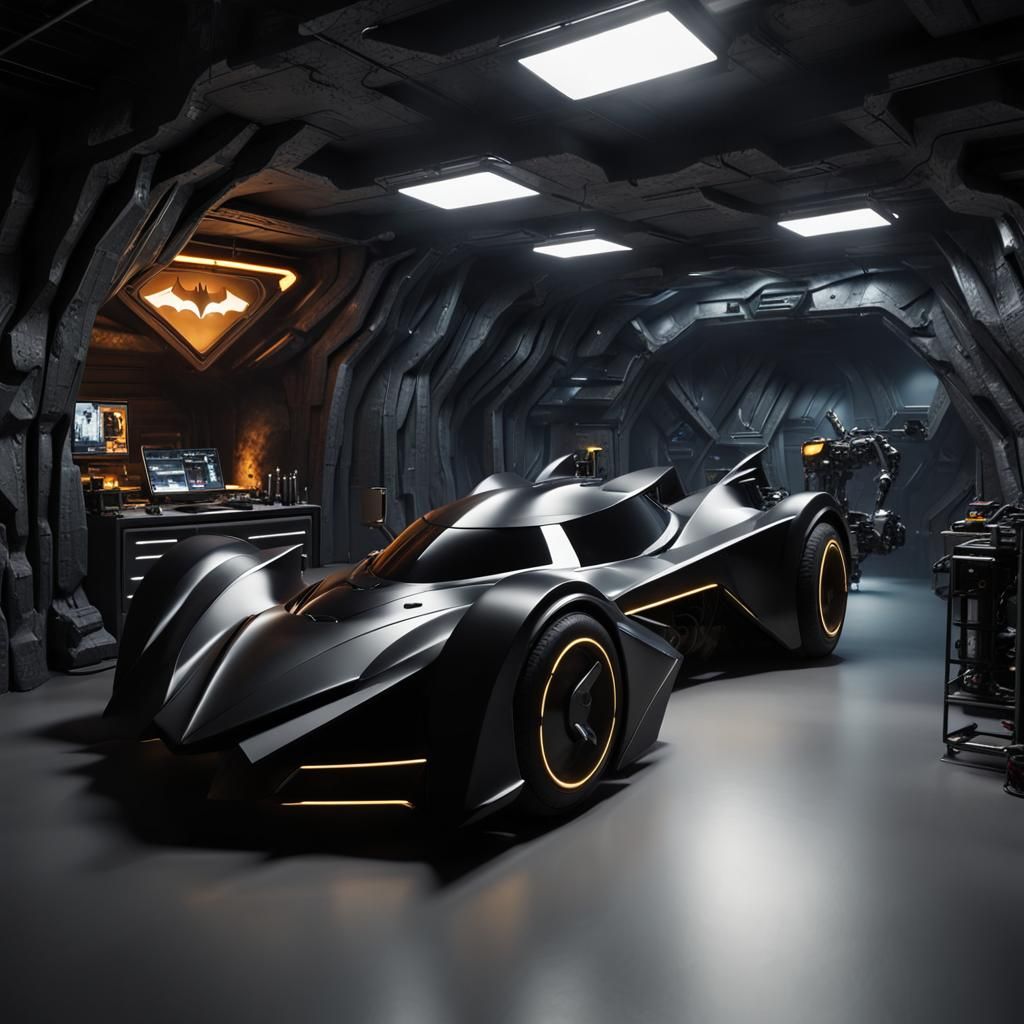 High-Tech Batcave with Batmobile in Photo Quality