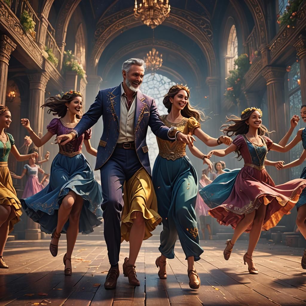 Joyful Daughters Dancing with Father: Detailed Matte Paintin...