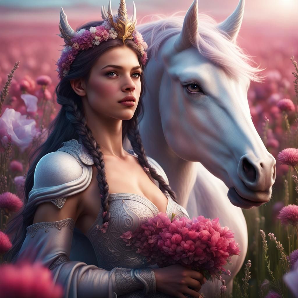 Princess and Magical Unicorn in Floral Field