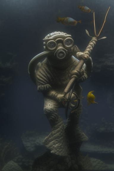 Detailed Aquarium: Diver Ornament with Menacing Fish