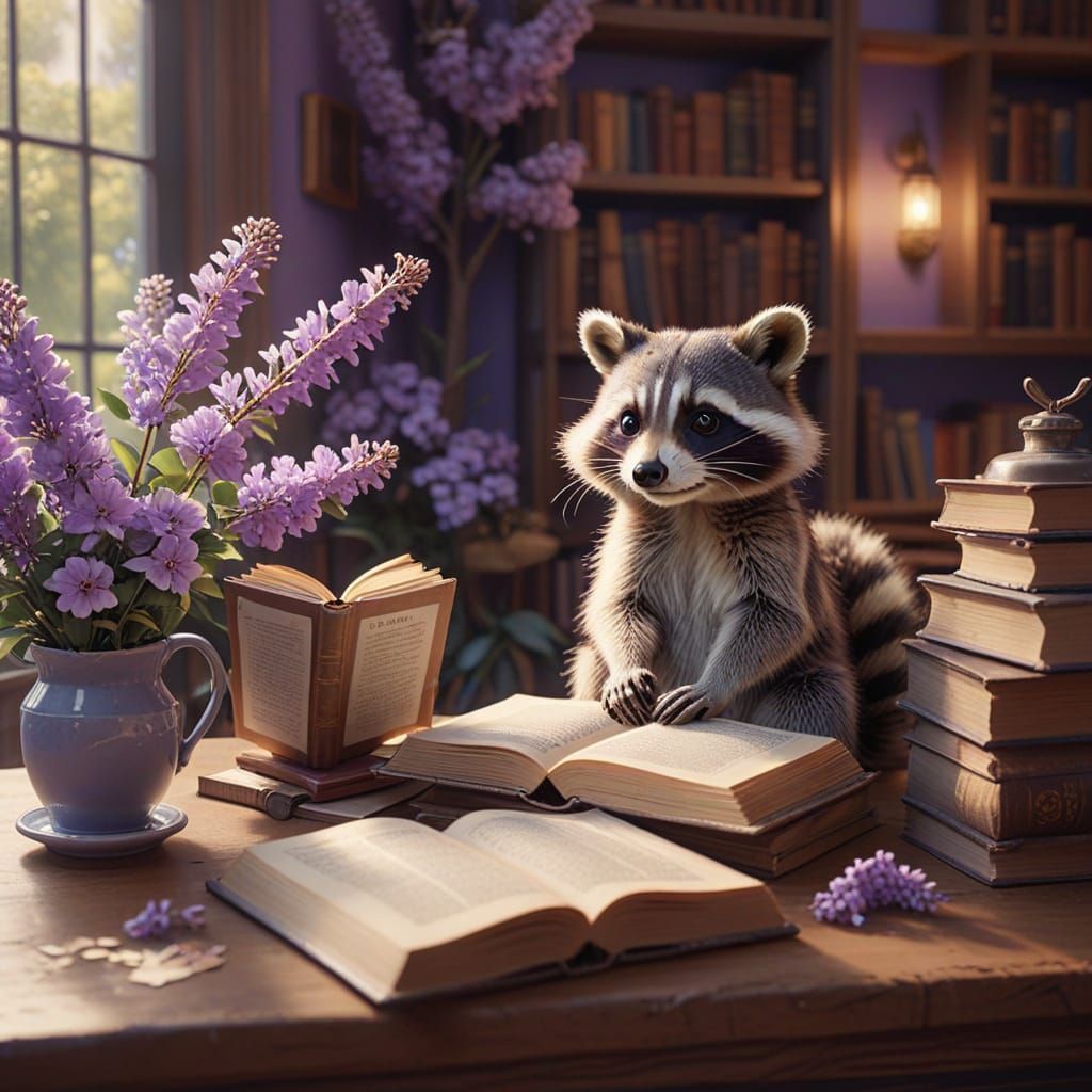 Cartoon Raccoon Reading Book in Cozy Library