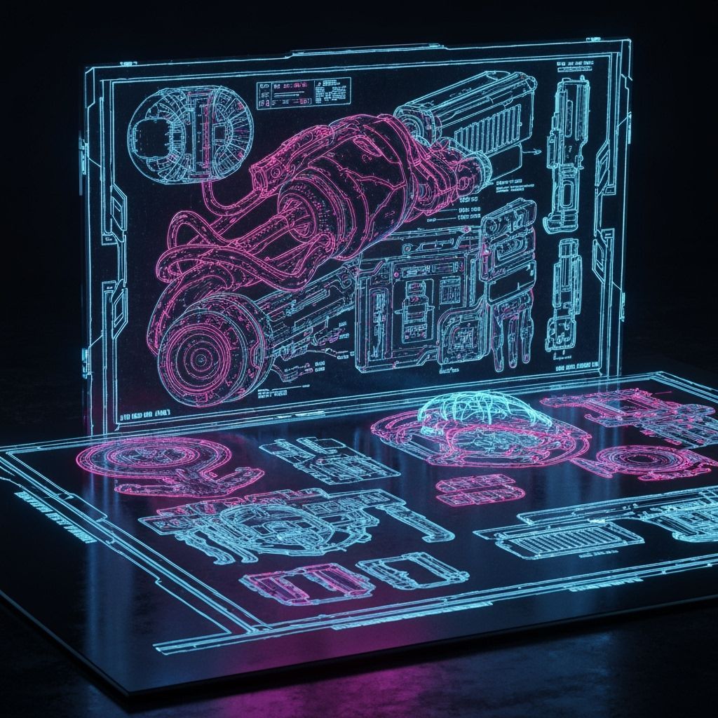 Cyberpunk Futuristic Invention Blueprint with Neon Accents