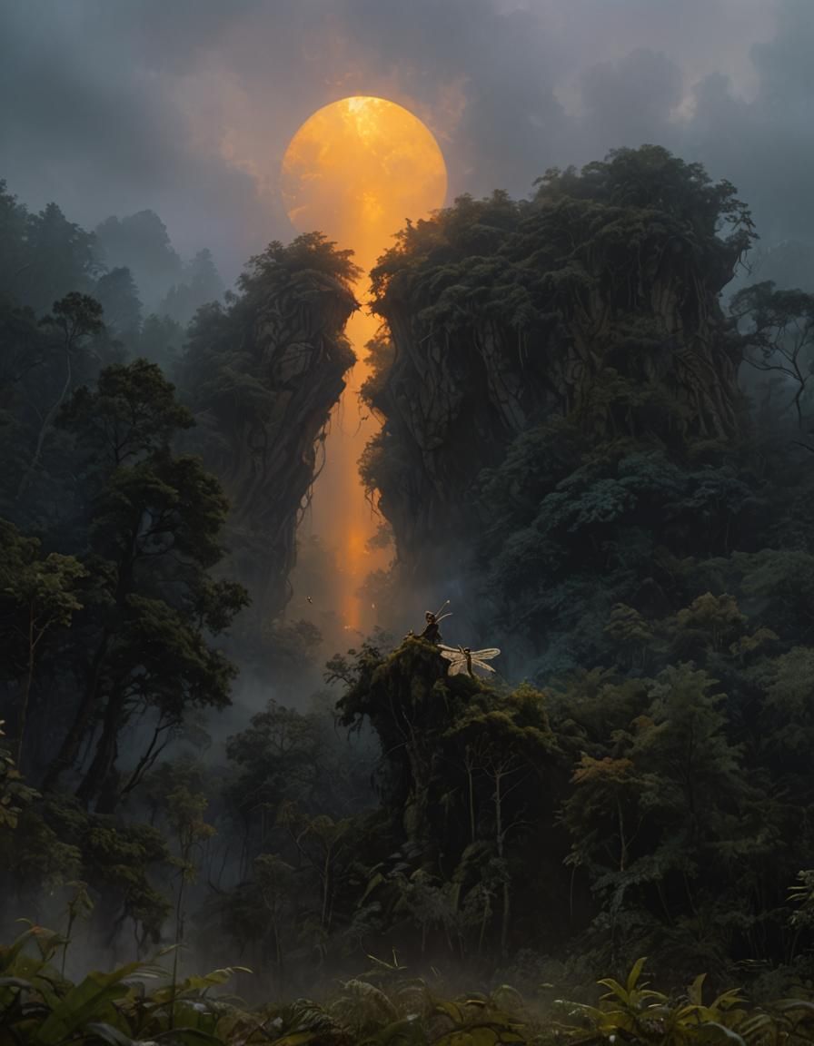 Adventurer on Winged Dragonfly in Dreamlike Forest