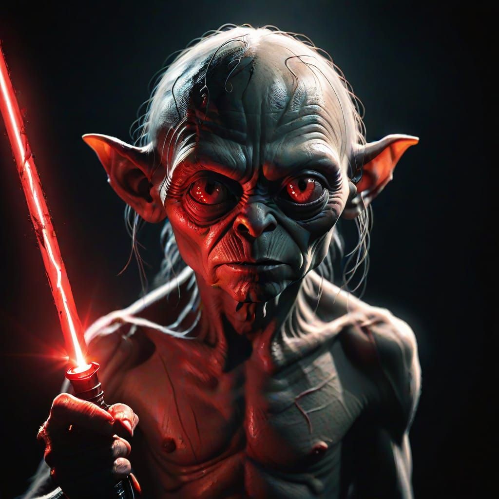 Sith Lord Gollum Wields Red Lightsaber in Dark Fantasy Art