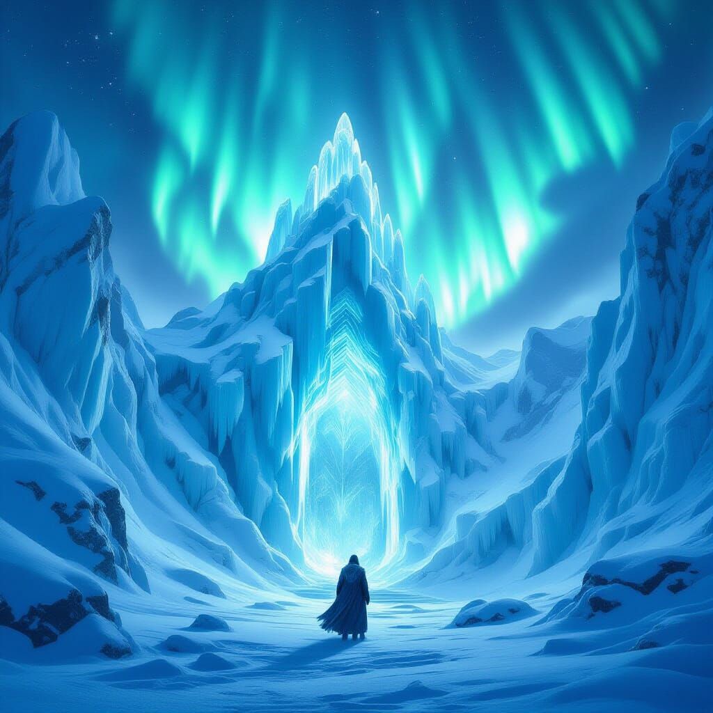 Frozen North: Ice Landscape with Glowing Runes and Aurora