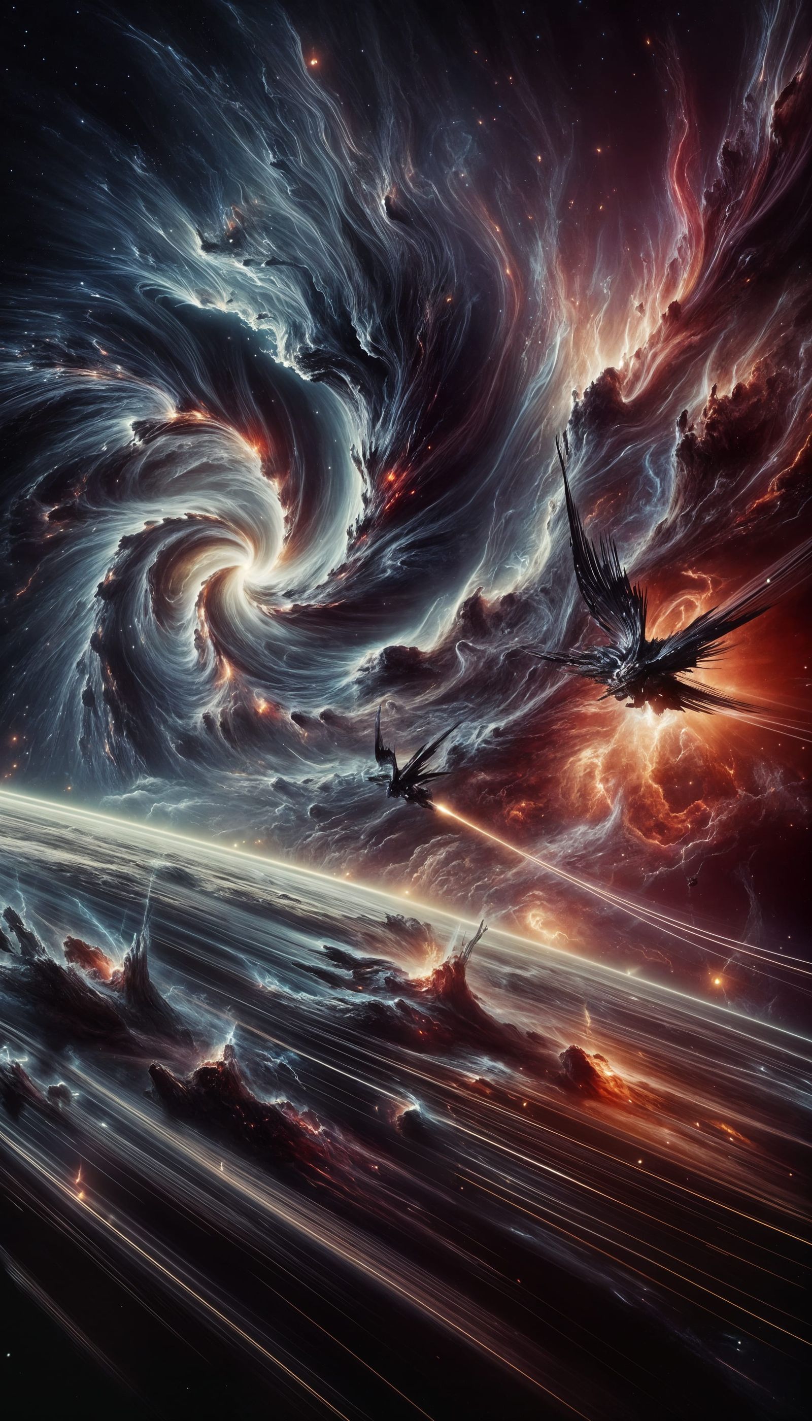Cosmic Angelfish Amidst Black Tornadoes in Space
