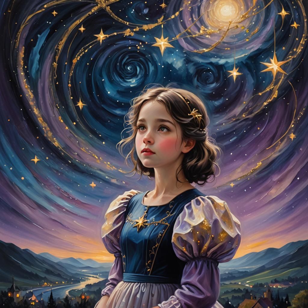 Girl Gazing at Zaffre Starry Night: Oil Painting
