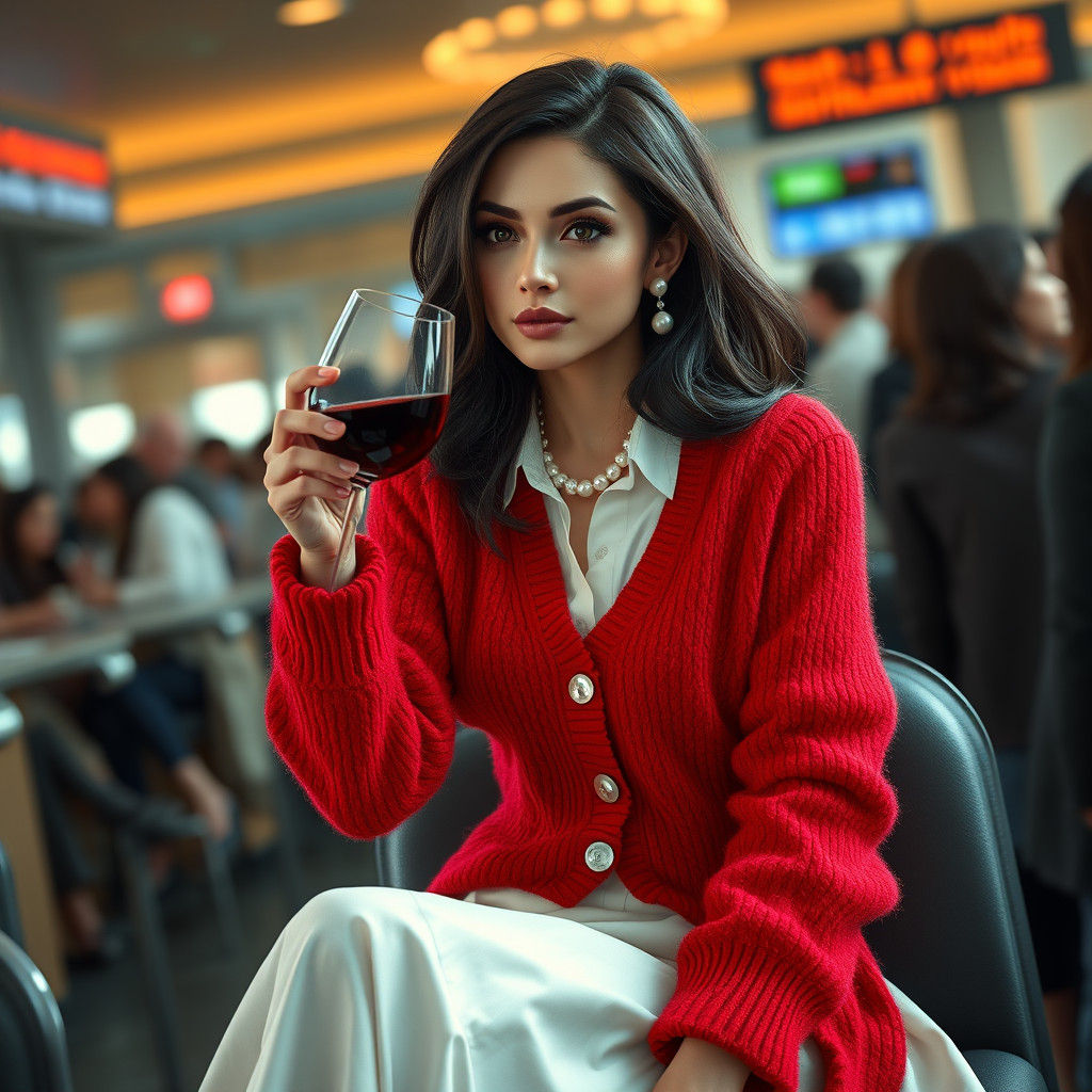 Brunette in Red Cardigan at Airport Bar: Artstation Style