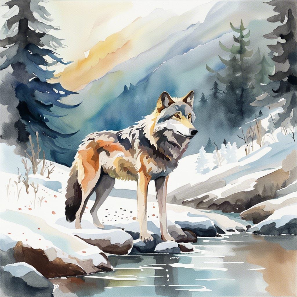 Wolf in Snowy Creek: Watercolor Impressionist Gouache
