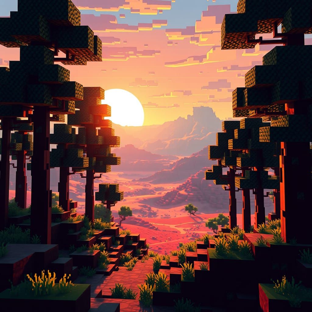 Blocky Sunset Landscape in Pixelated Minecraft World