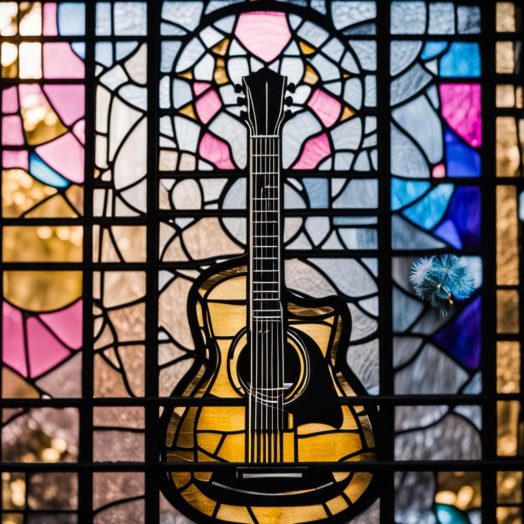 Stained Glass Architecture with Guitar and Dandelion