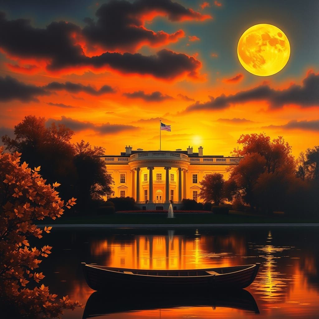 White House by Lake at Fiery Sunset