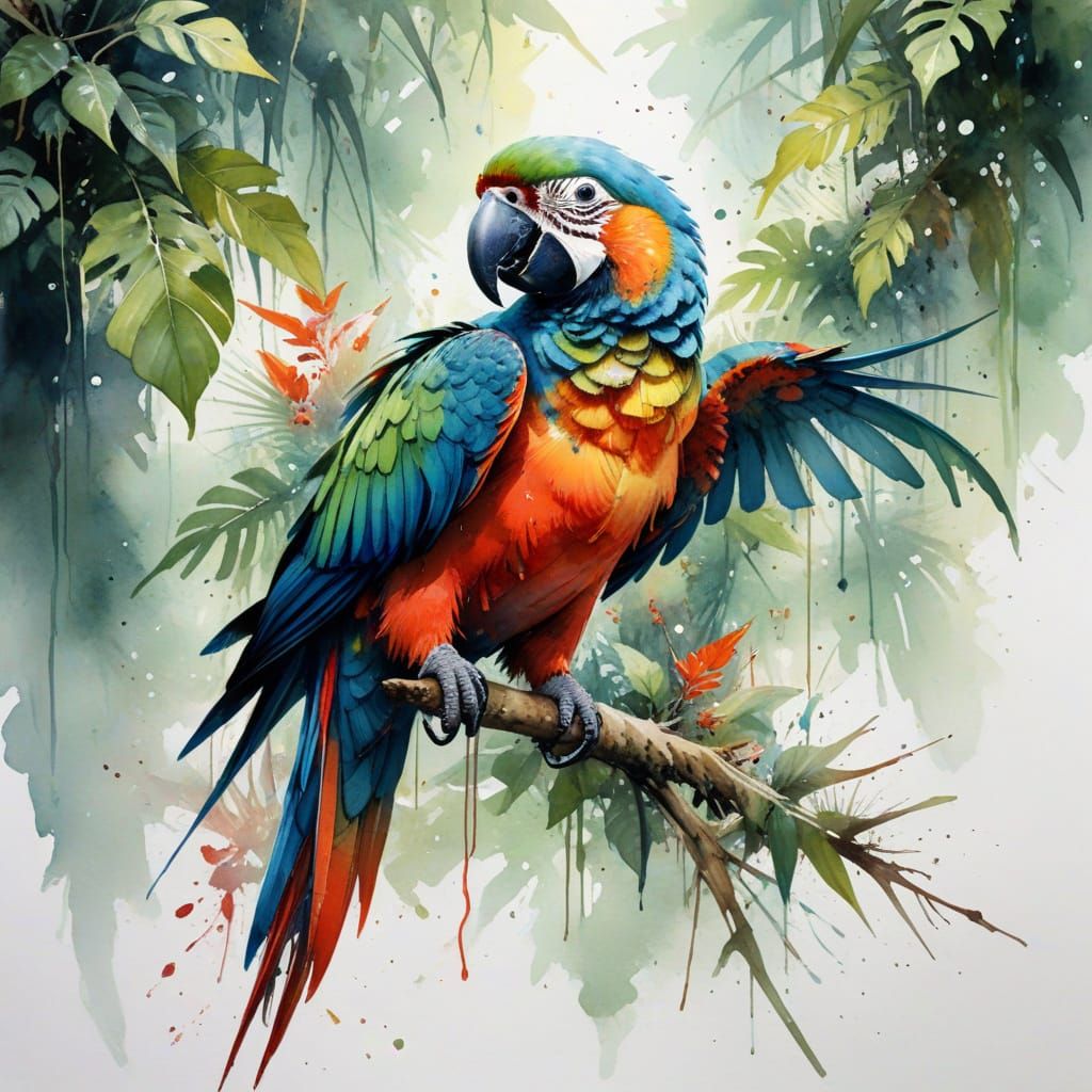 Surreal Parrot in Upside-Down Rainforest Elegance