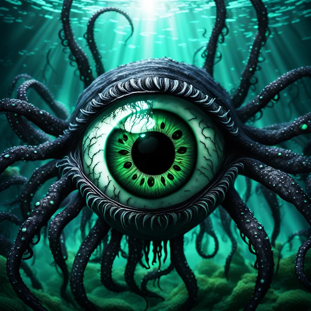 Eerie Magical Eyeball with Squid Tentacles in Ethereal Realm