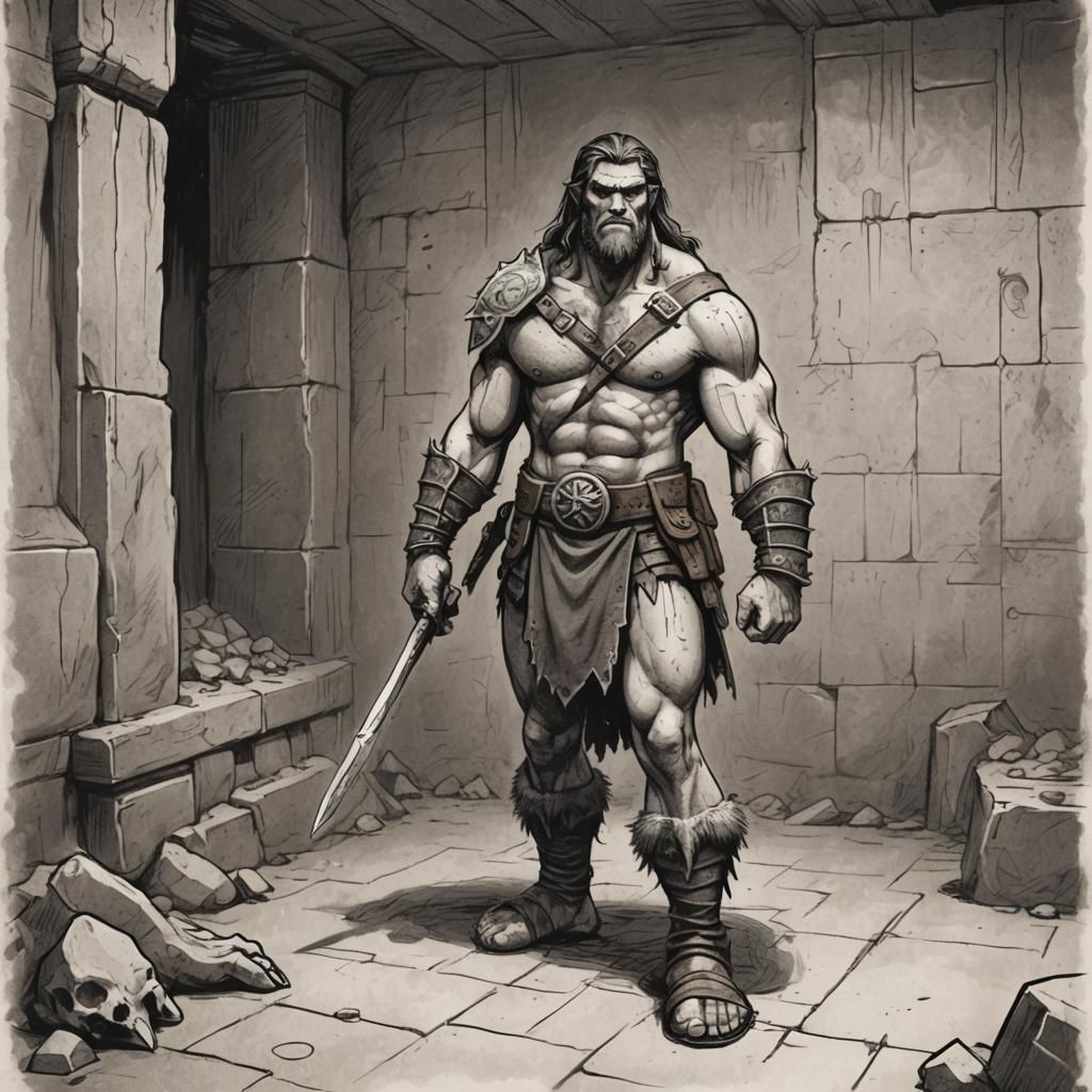 Barbarian in Dungeon: Comic Book Style Sketch