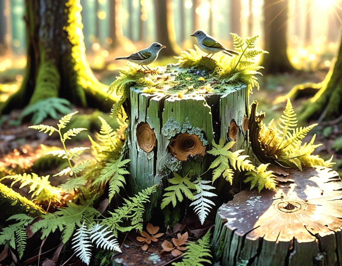 Surrealist Forest: Tree Stump Reflects Morning Sun