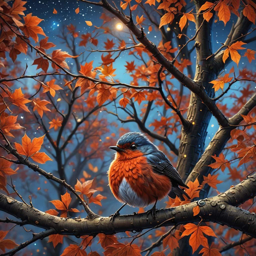 Fluffy Robin Chick in Autumn Starry Sky