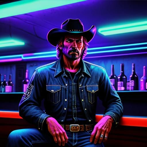 Cowboy at Alien Bar in Neon Synthwave Style