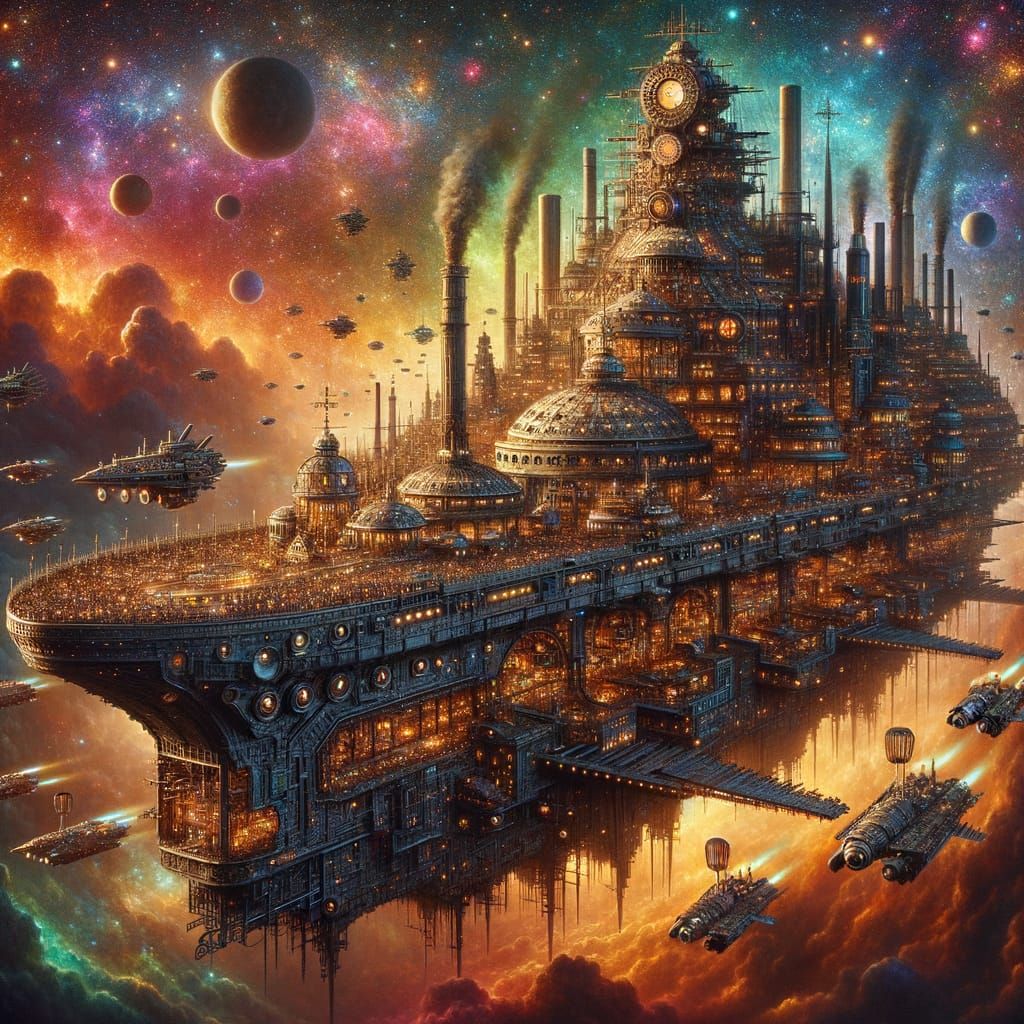 Steampunk City Inside Ancient Battleship in Nebula