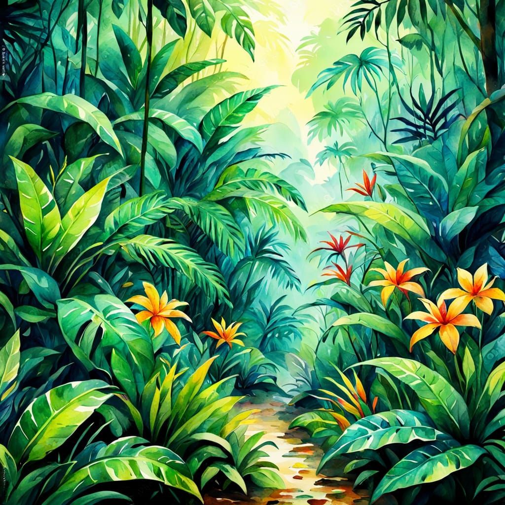Explorer in Jungle: Vibrant Watercolor Masterpiece