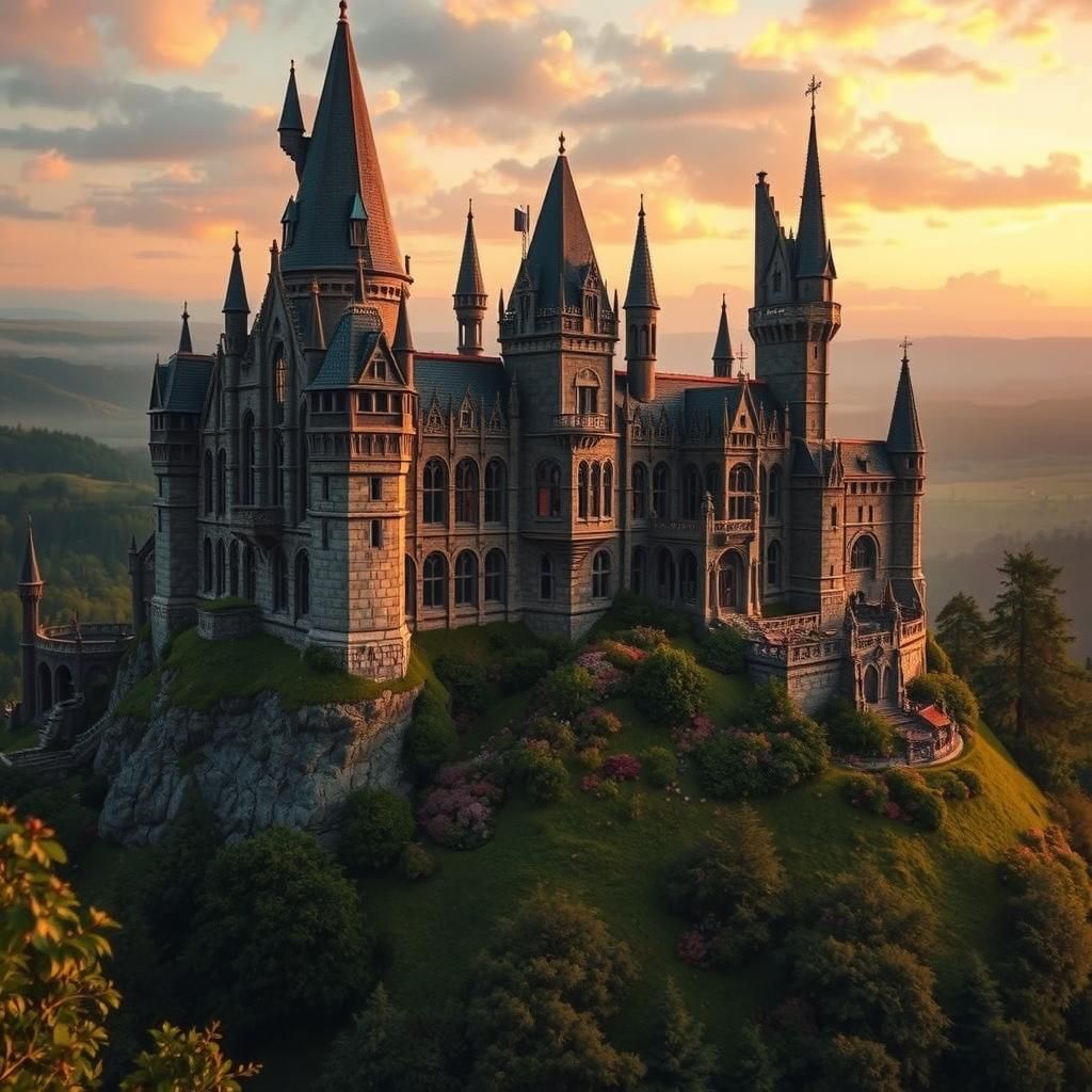 Gothic Castle Sunset: Dreamlike Illustration