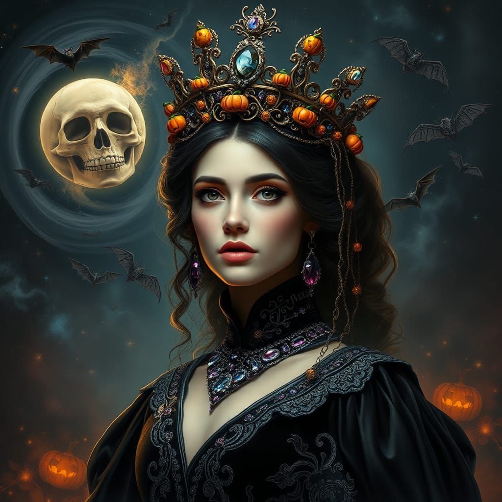 Mysterious Halloween Queen in a Starry Nighttime Realm