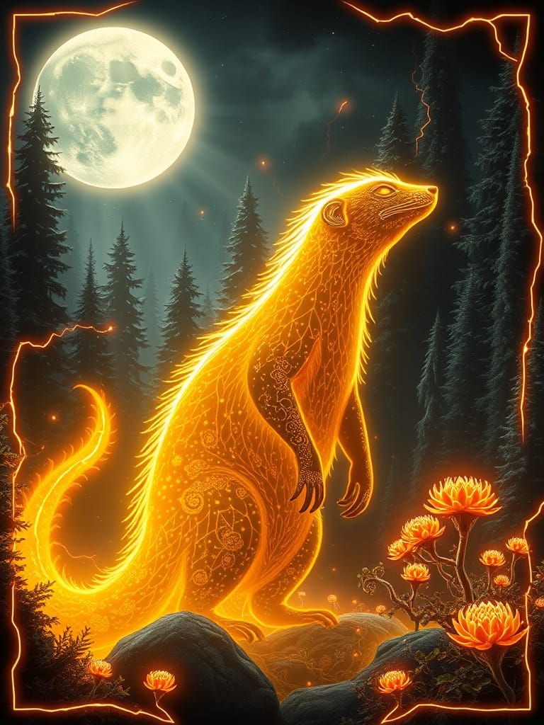 Celestial Mongoose in Neon Forest, Futuristic Digital Art