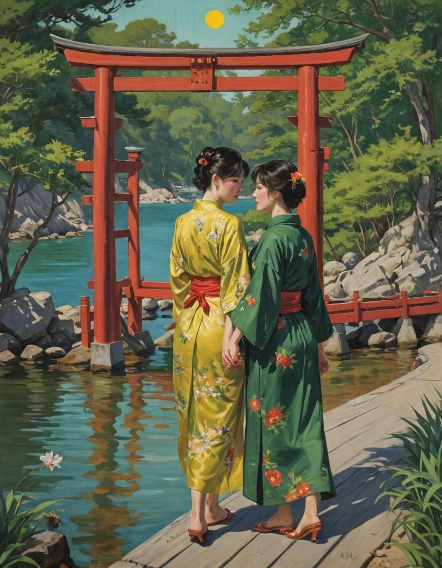 Art by Édouard Manet, inspired by lesbian pulp noir fiction paperback cover collage, summer time stroll along the pier w...