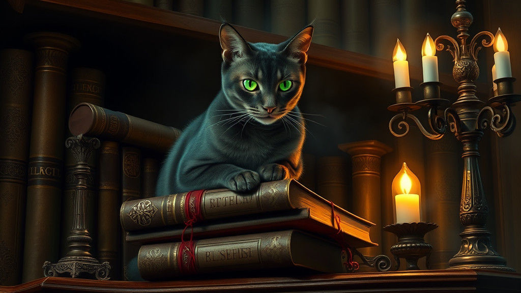 Mystical Emerald-Eyed Cat Guardian of Ancient Books