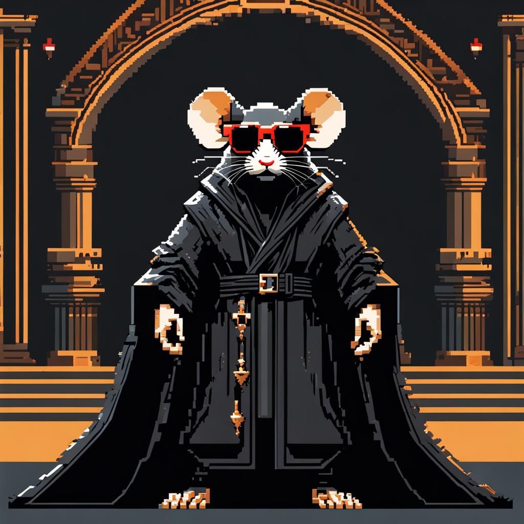 Shady Mouse in Black Robe: 8-bit Pixel Art