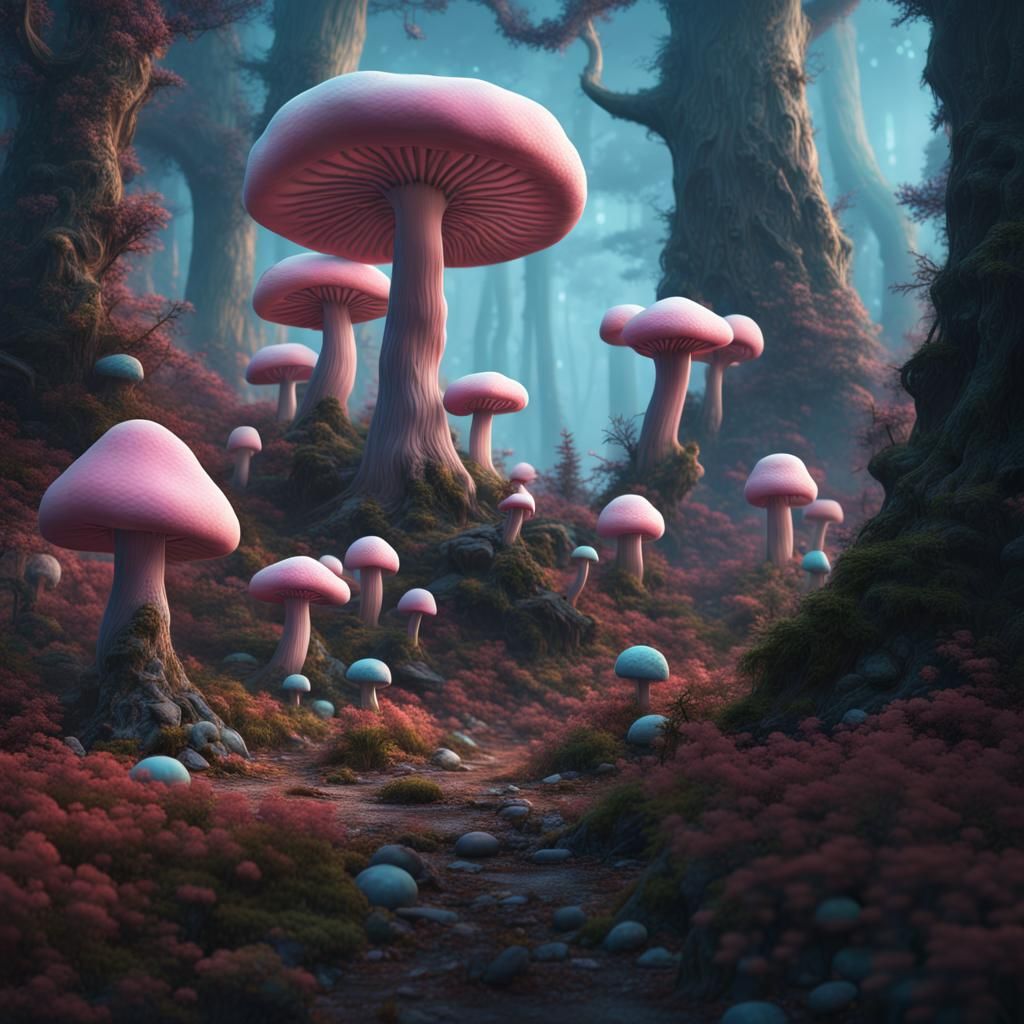 Cotton Candy Mushrooms in Blue Forest, Digital Art