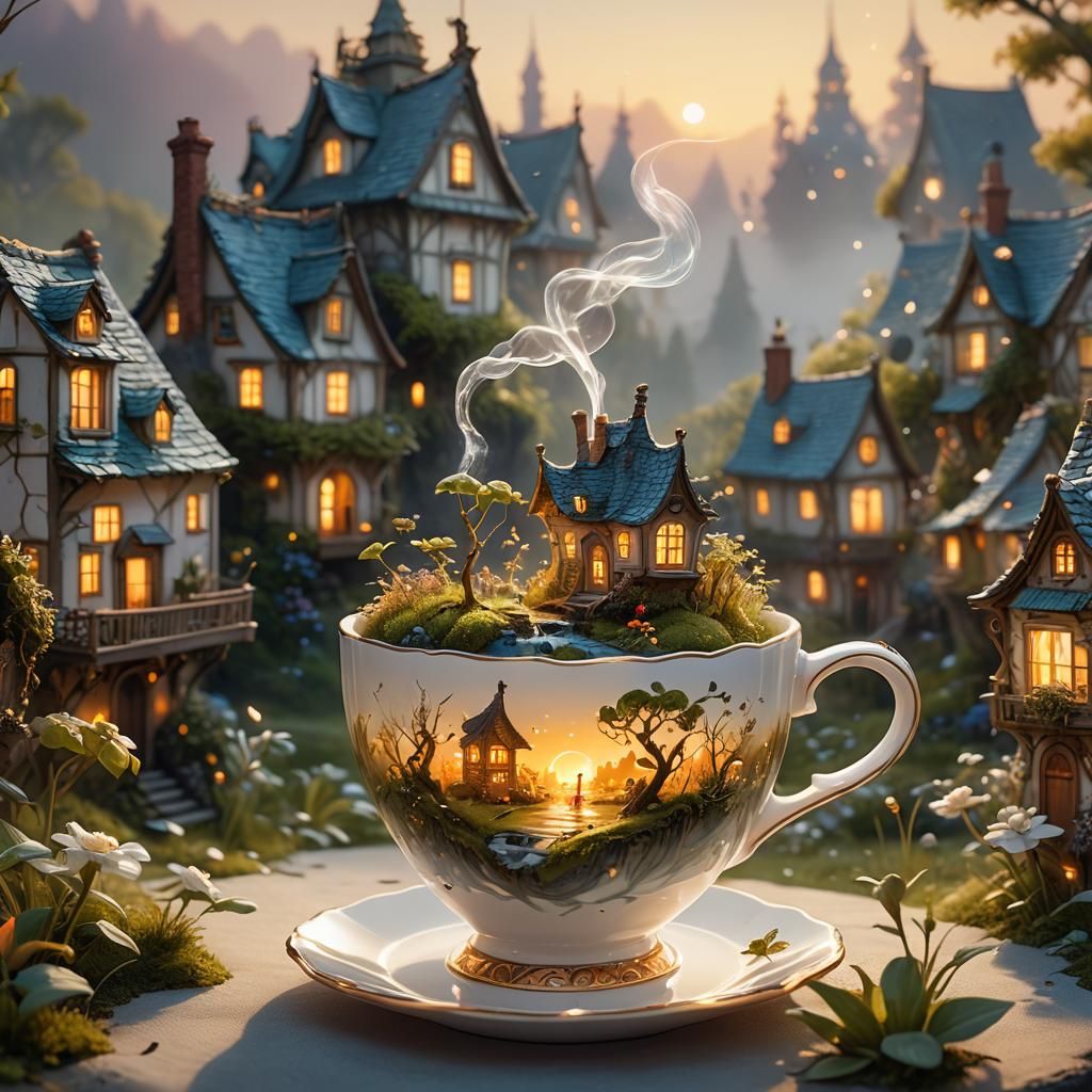 Miniature Fantasy World in Teacup, Cinematic Realism
