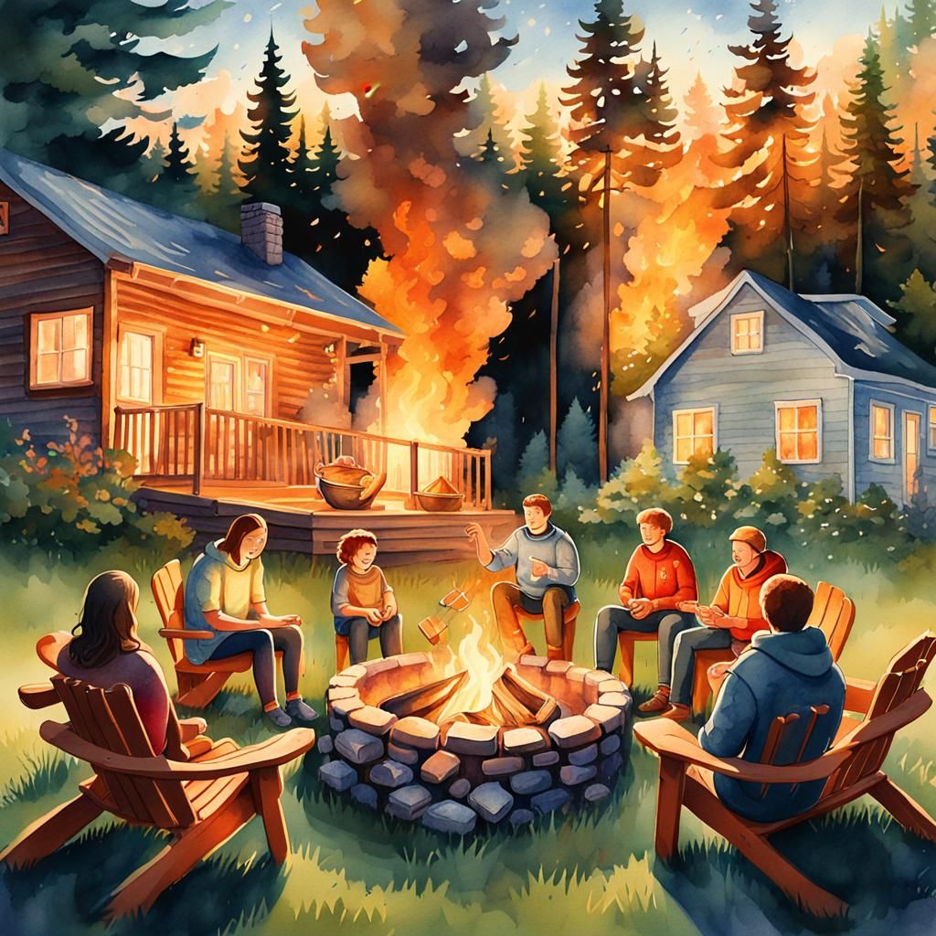Watercolor Campground Scene with Family and Campfire