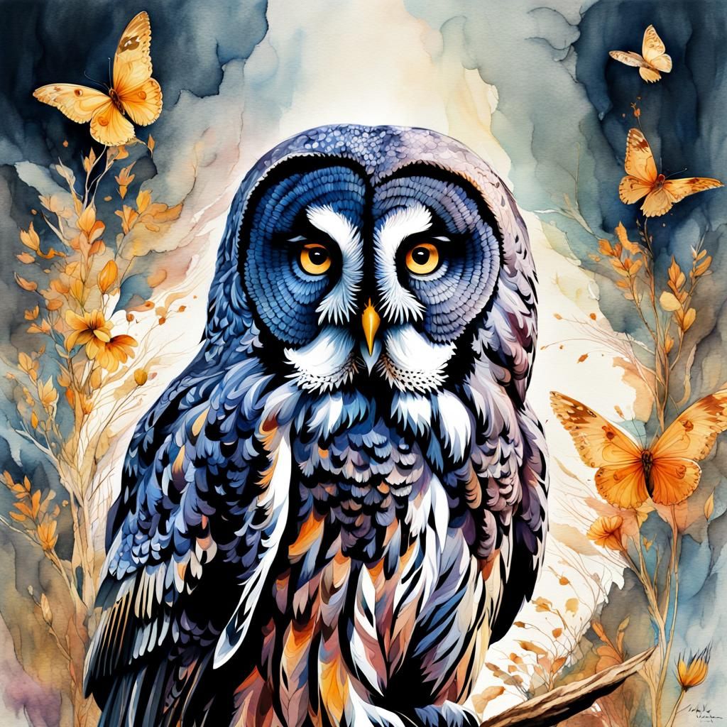Watercolor Owl and Jay Illustration in Golden Hour