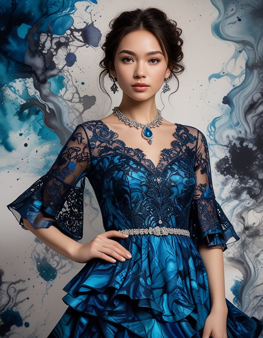 Woman in Blue Lace Dress with Elaborate Jewelry