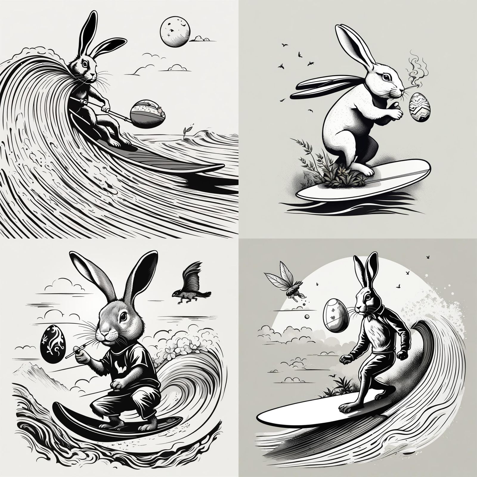 Rabbit Surfing with Easter Egg in Black and White