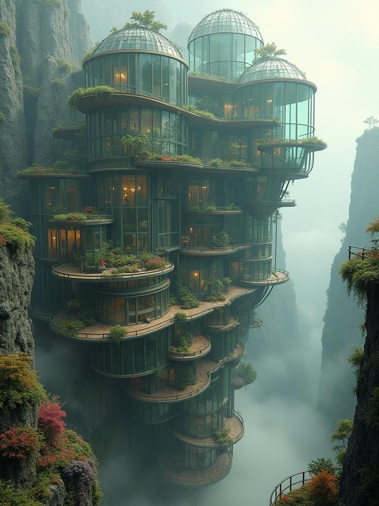 Surreal Glass Building with Hanging Gardens