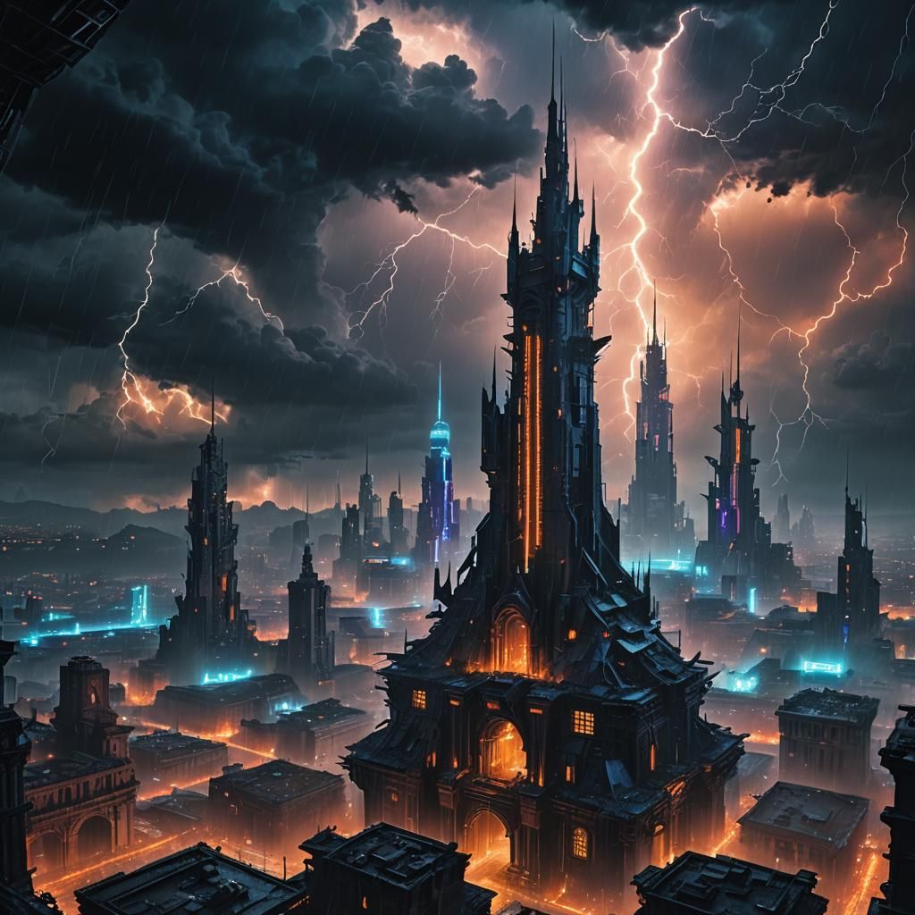 Cyberpunk Tower Pierces Stormy Sky with Lightning