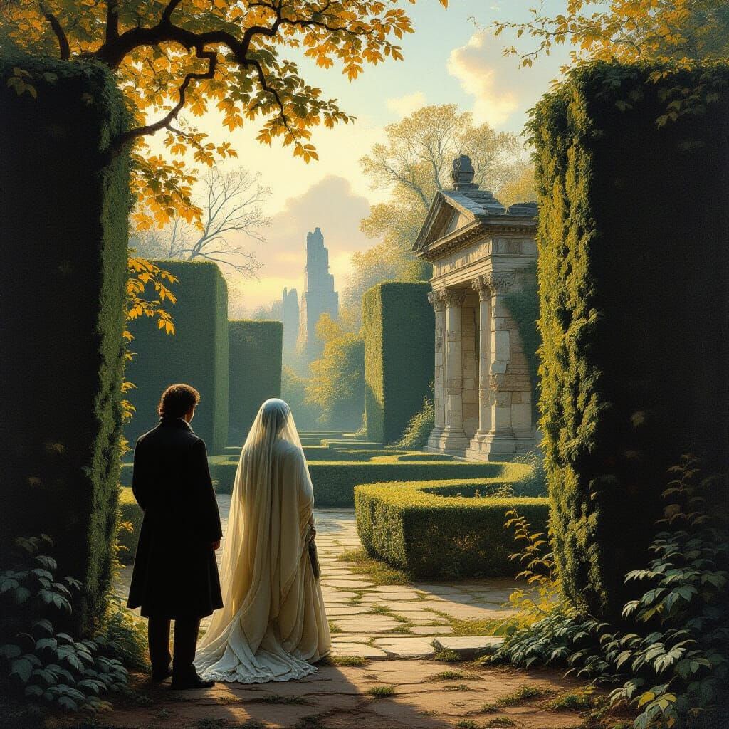 Ancient Garden Ruins with Veiled Woman and Observer