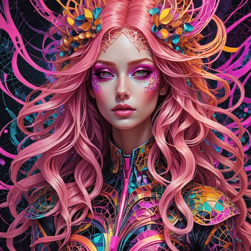 Futuristic Girl with Neon Makeup in Abstract Fractal
