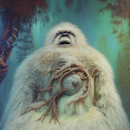 Surreal Oil Painting: Worm Yeti Baba Yaga Hybrid