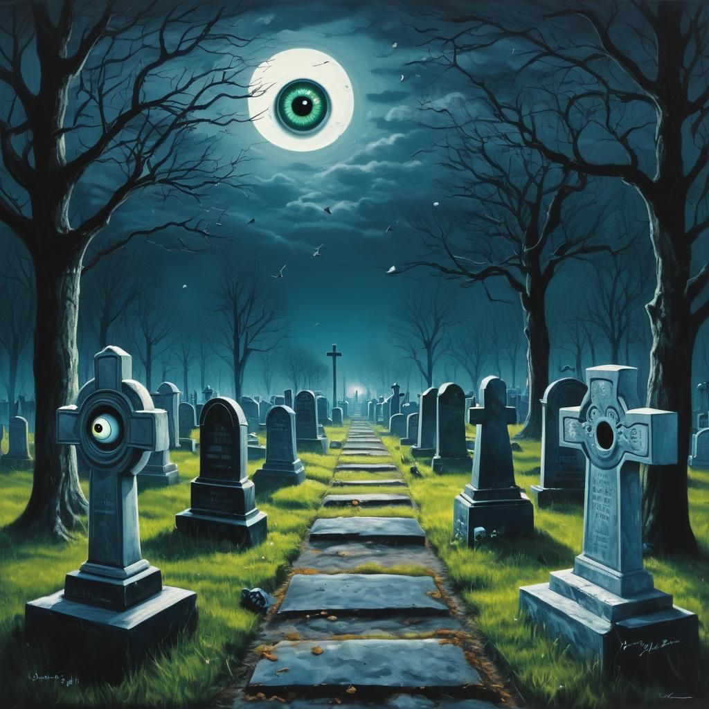 Cemetery Painting with Giant Eyes