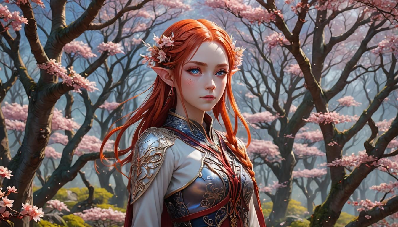 Beautiful Elf in Plum Blossom Forest, 3D Anime Art