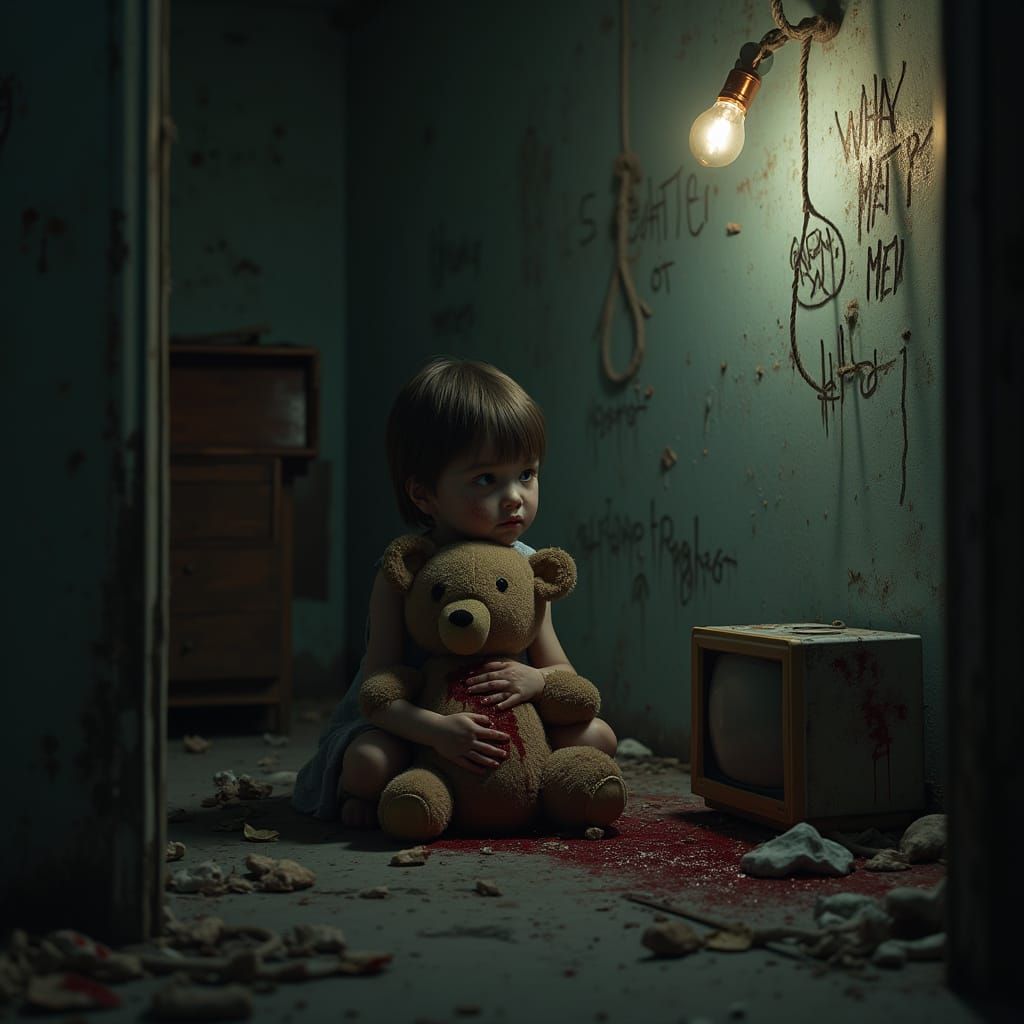 Ethereal Child of Despair in a Haunting, Abandoned Room